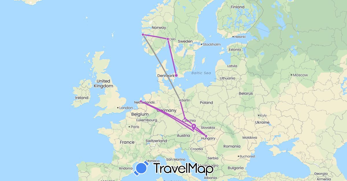TravelMap itinerary: driving, plane, train in Austria, Czech Republic, Germany, Denmark, Hungary, Netherlands, Norway (Europe)